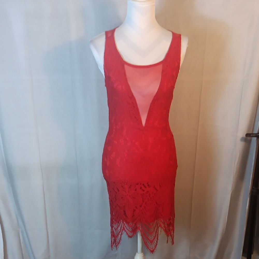 Elegant Red Bodycon Lace Dress
